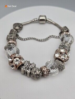 Silver Rose Gold Charm Bracelet Butterfly Rhinestone Crystal Beads Love Amour 7"